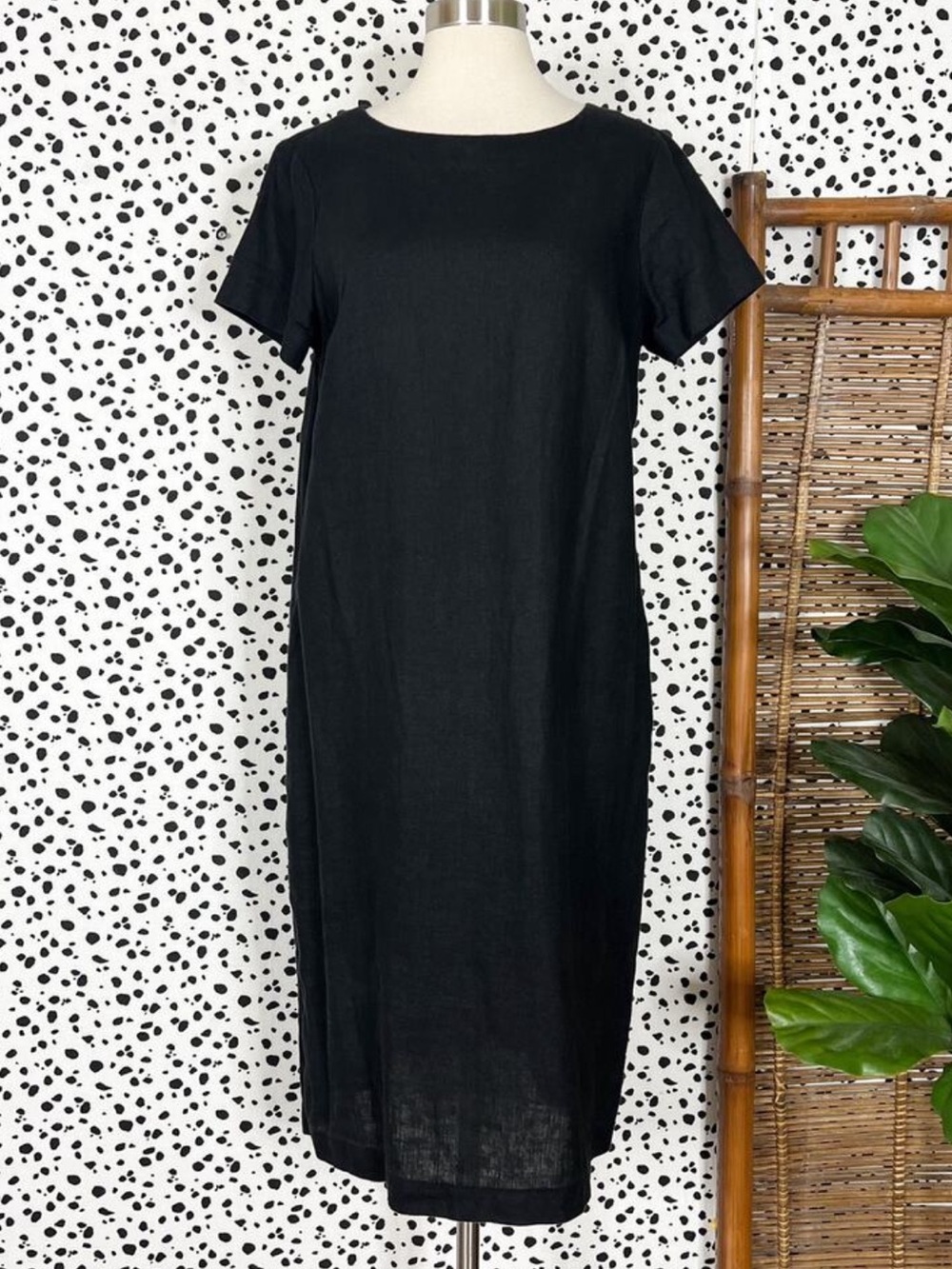 D96P | Linen Black Solid Short Sleeve Lightweight Pullover Pocket Midi Dress S